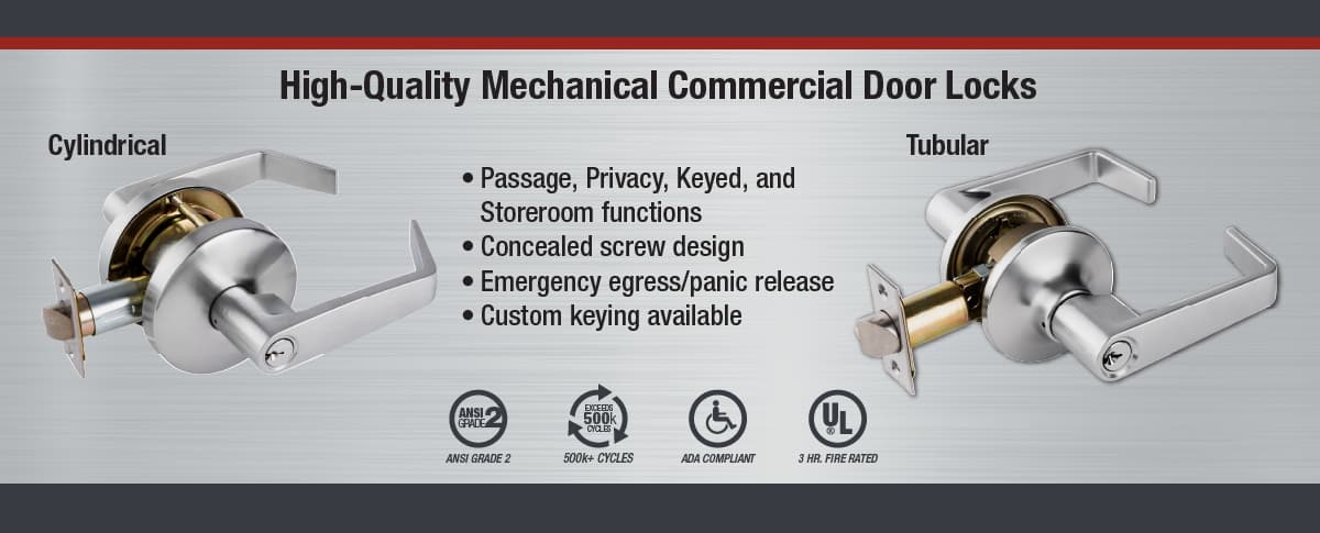 Passage, Privacy, Keyed, Storeroom Functions; Concealed screw design; Emergency Egress/Panic Release; Custom keying options available